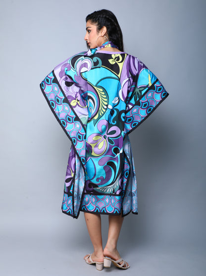 Elegant Abstract Print Satin Kaftan Dress –Blue