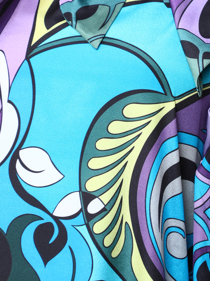 Elegant Abstract Print Satin Kaftan Dress –Blue