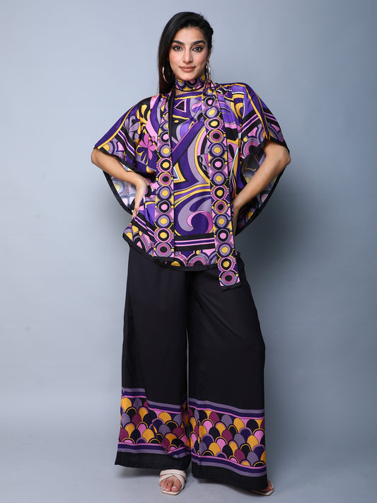 Printed Cape Style Co-Ord Set (Top & Wide-Leg Pants) – Purple & Black