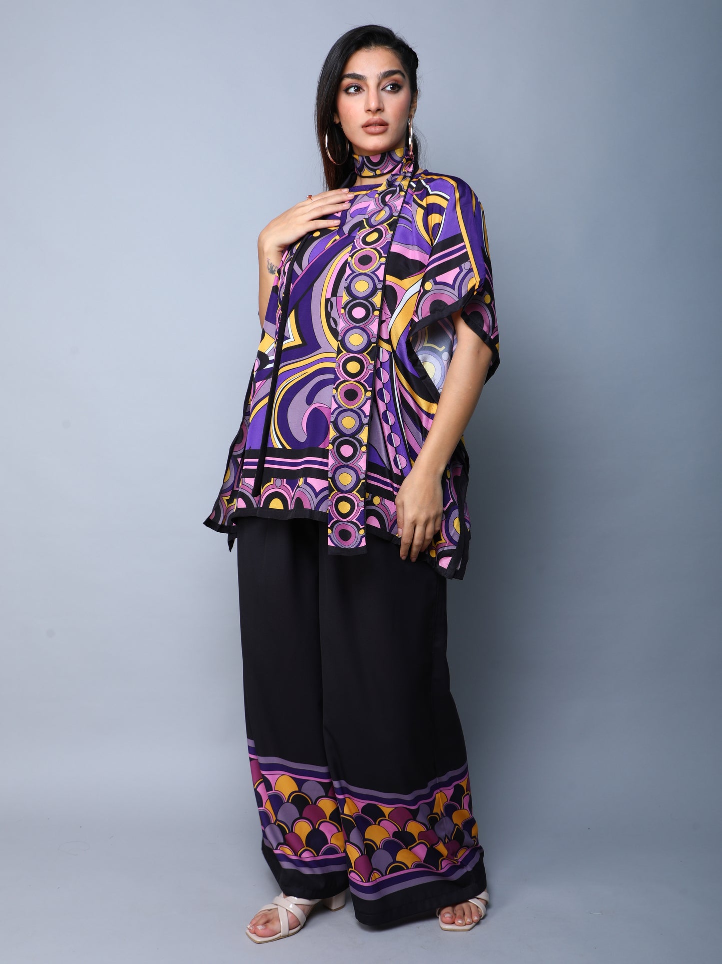 Printed Cape Style Co-Ord Set (Top & Wide-Leg Pants) – Purple & Black