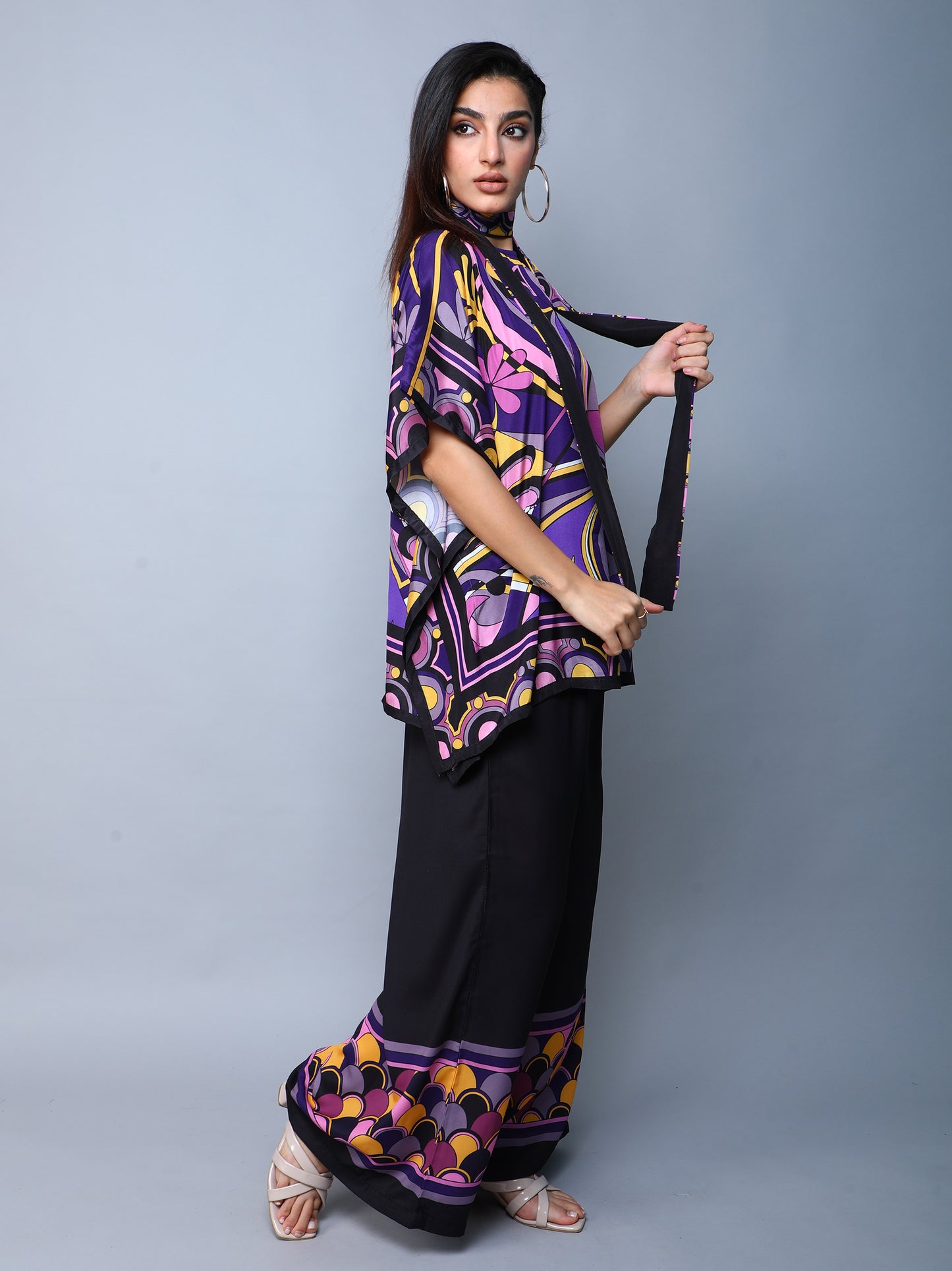 Printed Cape Style Co-Ord Set (Top & Wide-Leg Pants) – Purple & Black