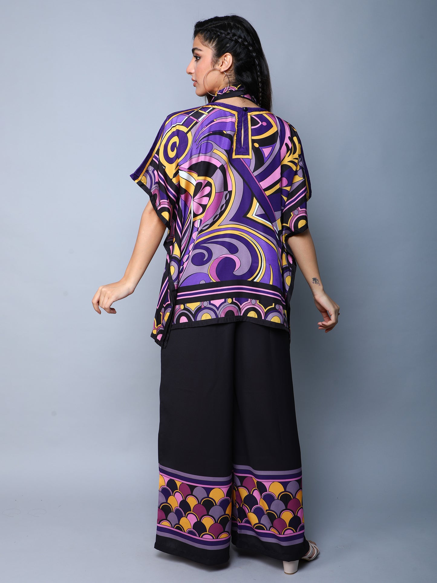 Printed Cape Style Co-Ord Set (Top & Wide-Leg Pants) – Purple & Black