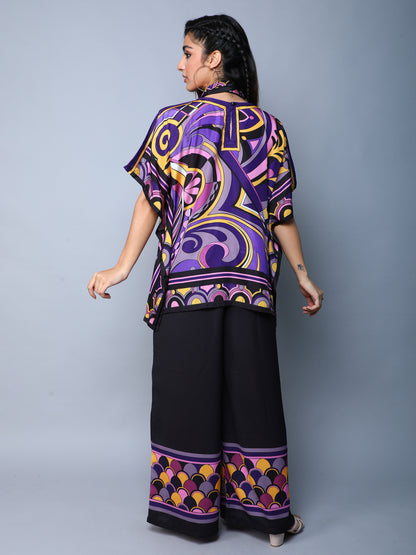 Printed Cape Style Co-Ord Set (Top & Wide-Leg Pants) – Purple & Black
