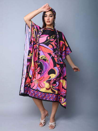 Elegant Abstract Print Satin Kaftan Dress – Pink