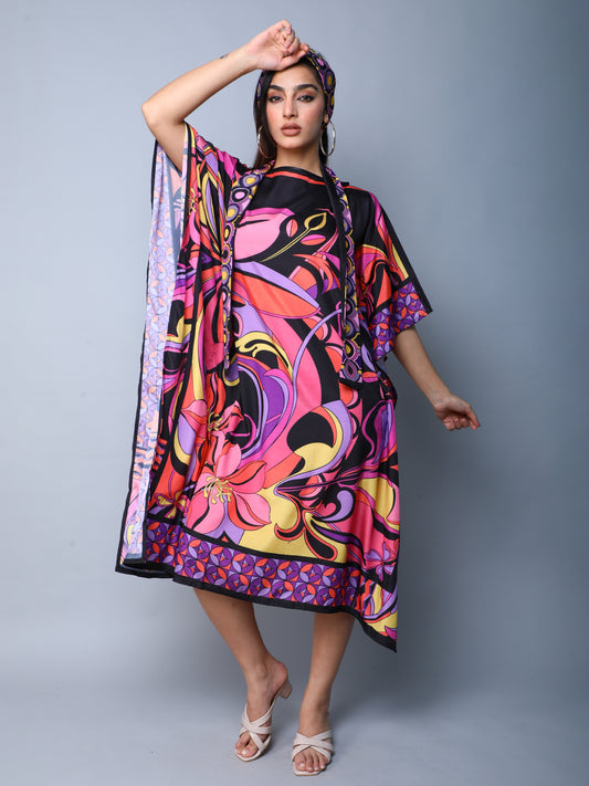 Elegant Abstract Print Satin Kaftan Dress – Pink