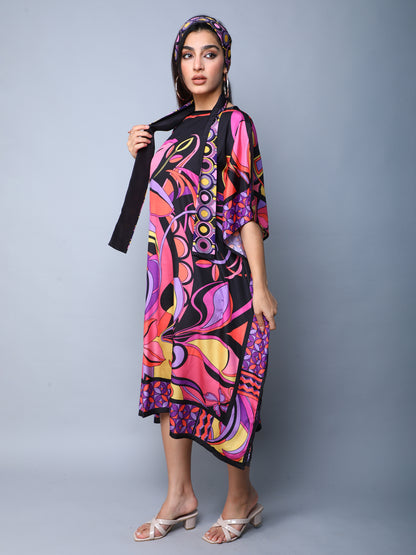 Elegant Abstract Print Satin Kaftan Dress – Pink