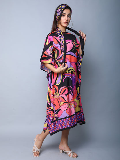 Elegant Abstract Print Satin Kaftan Dress – Pink