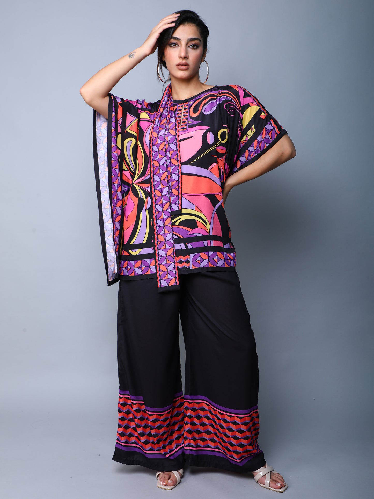 Printed Cape Style Co-Ord Set (Top & Wide-Leg Pants) – Pink & Black
