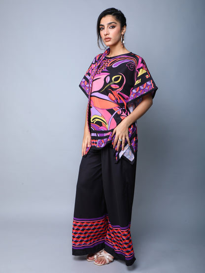 Printed Cape Style Co-Ord Set (Top & Wide-Leg Pants) – Pink & Black