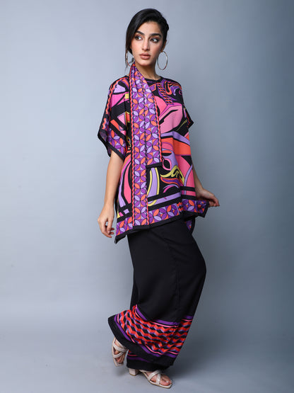 Printed Cape Style Co-Ord Set (Top & Wide-Leg Pants) – Pink & Black