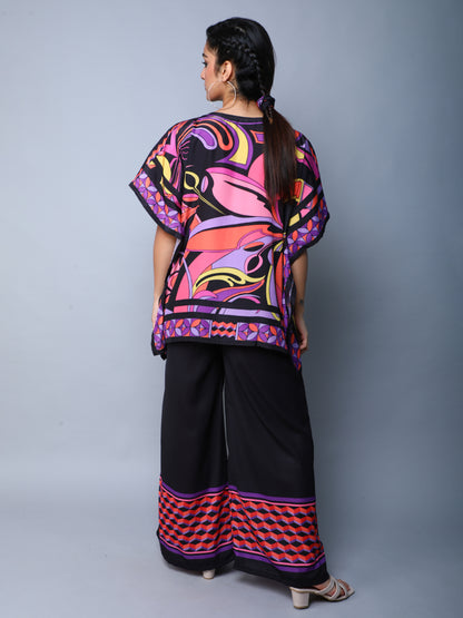 Printed Cape Style Co-Ord Set (Top & Wide-Leg Pants) – Pink & Black