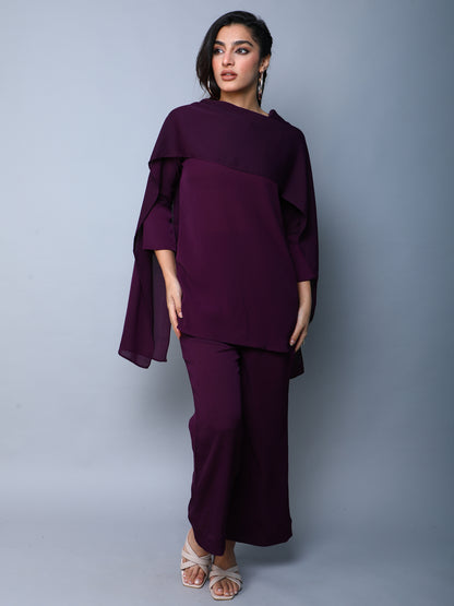 Solid Wine Cape Style Co-Ord Set (Top & Pants)