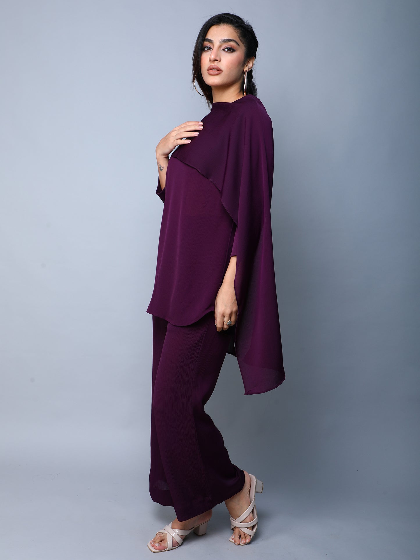 Solid Wine Cape Style Co-Ord Set (Top & Pants)