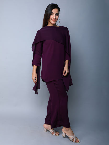 Solid Wine Cape Style Co-Ord Set (Top & Pants)