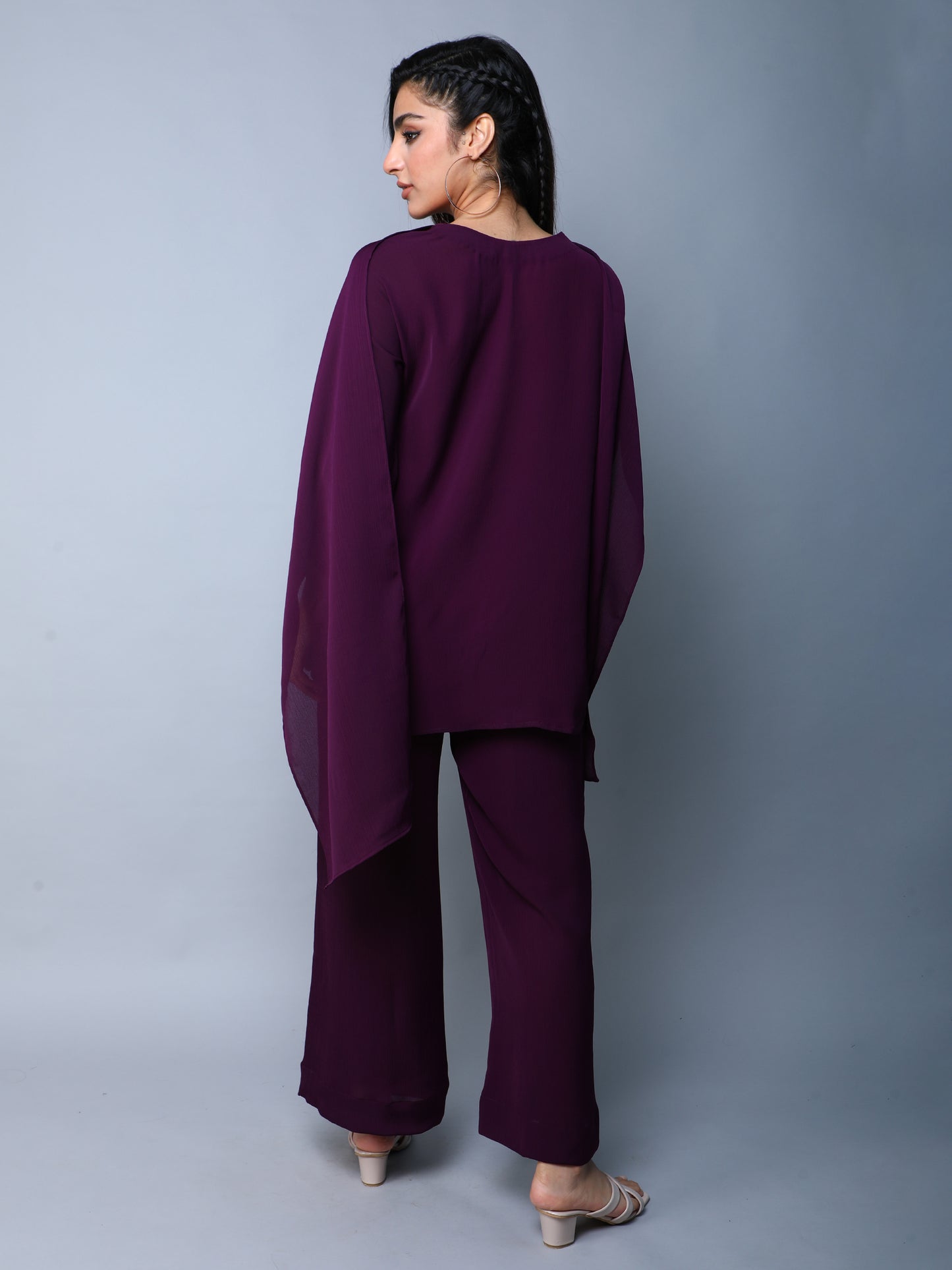 Solid Wine Cape Style Co-Ord Set (Top & Pants)