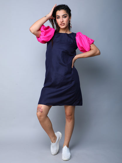 ColorBlock PuffSleeves Cotton Dress -Navy Blue