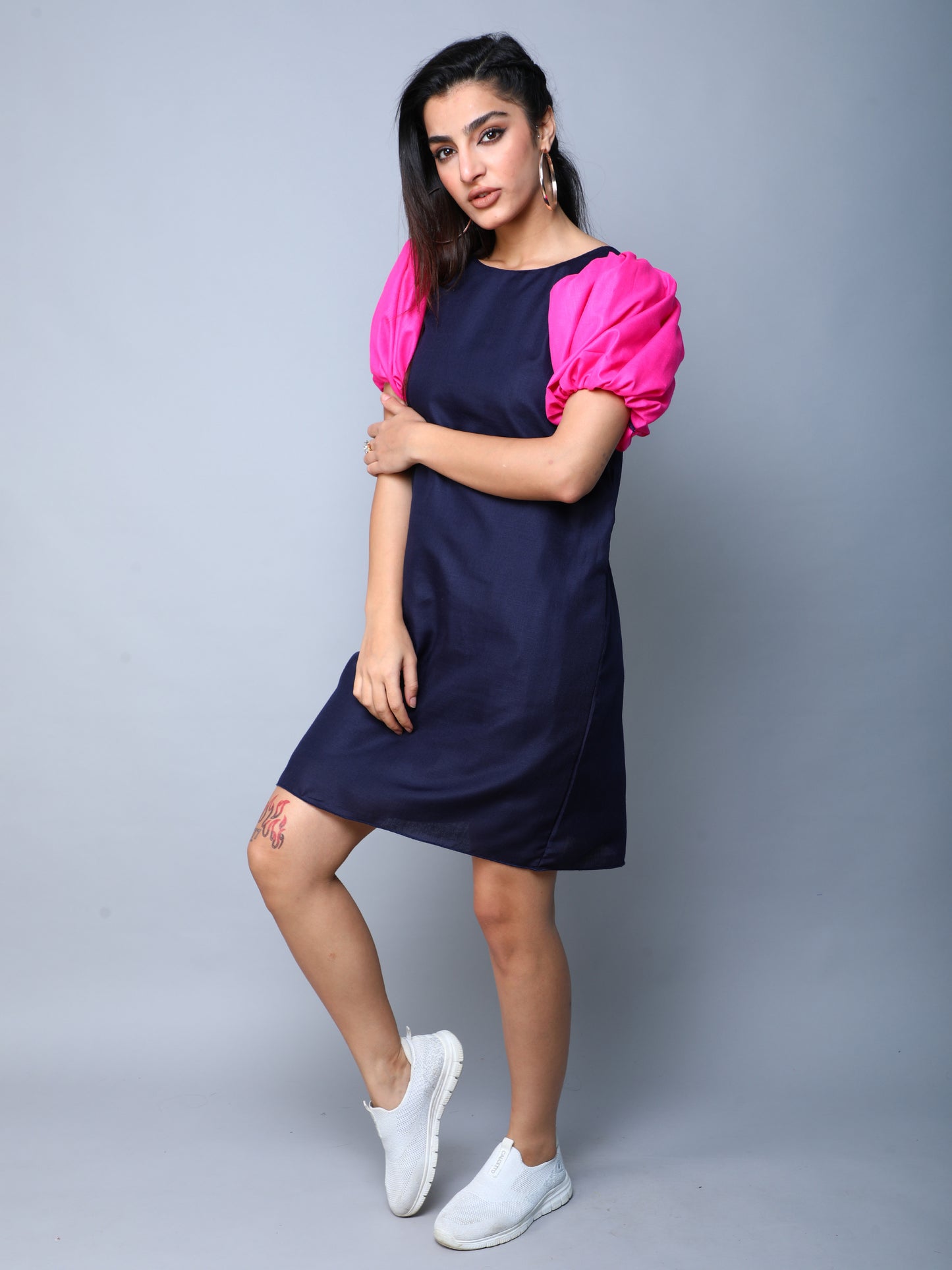 ColorBlock PuffSleeves Cotton Dress -Navy Blue