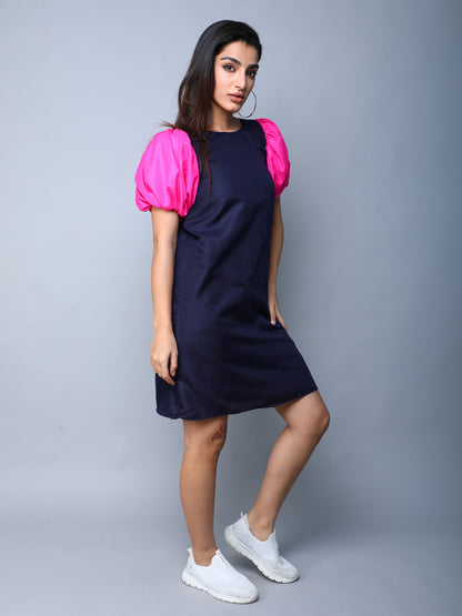 ColorBlock PuffSleeves Cotton Dress -Navy Blue