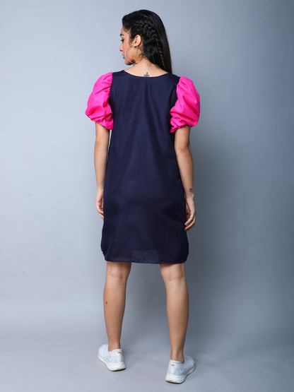 ColorBlock PuffSleeves Cotton Dress -Navy Blue