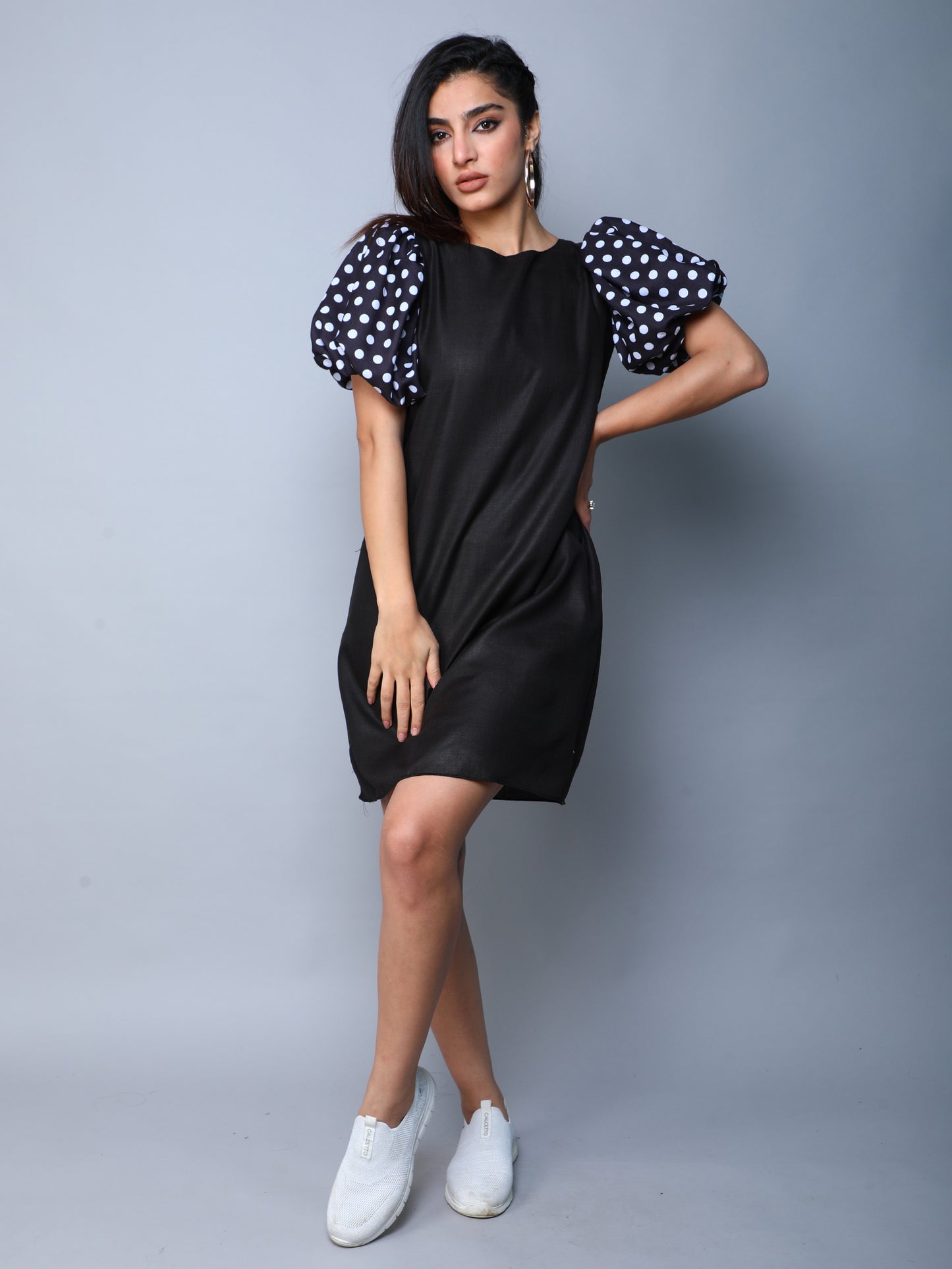 Black Dress with Polkadot Puff Sleeves