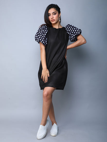 Black Dress with Polkadot Puff Sleeves