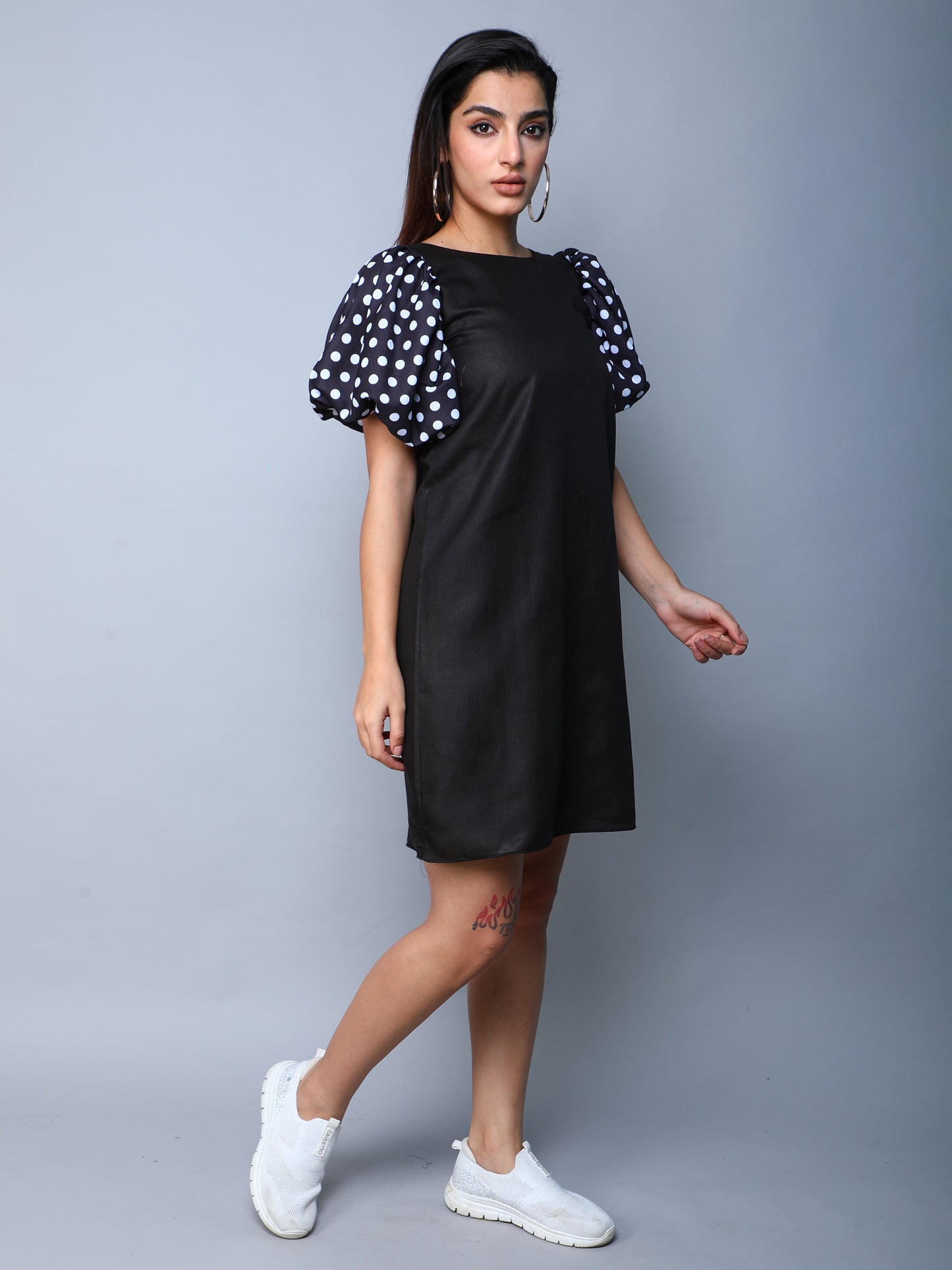 Black Dress with Polkadot Puff Sleeves