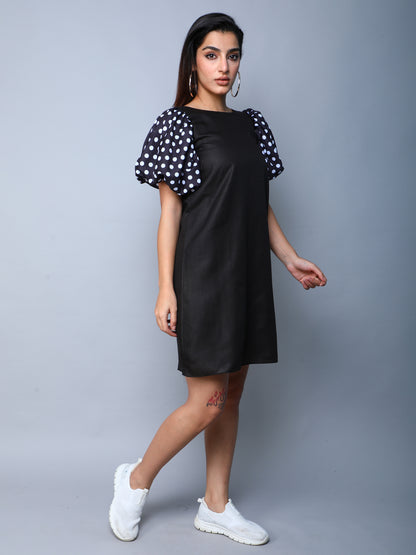 Black Dress with Polkadot Puff Sleeves