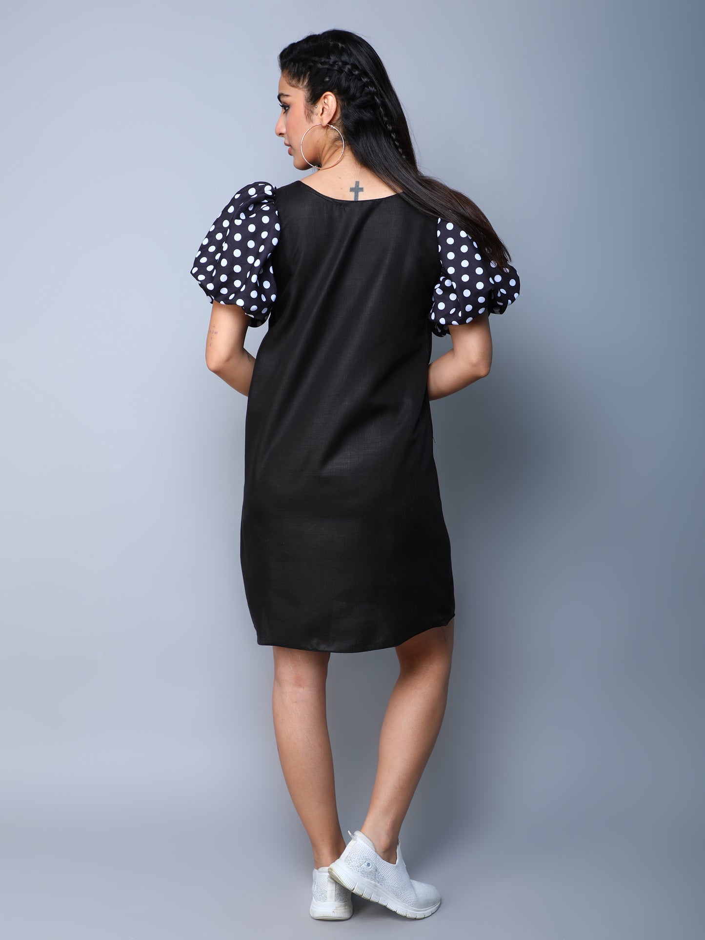 Black Dress with Polkadot Puff Sleeves
