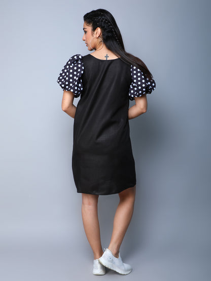 Black Dress with Polkadot Puff Sleeves