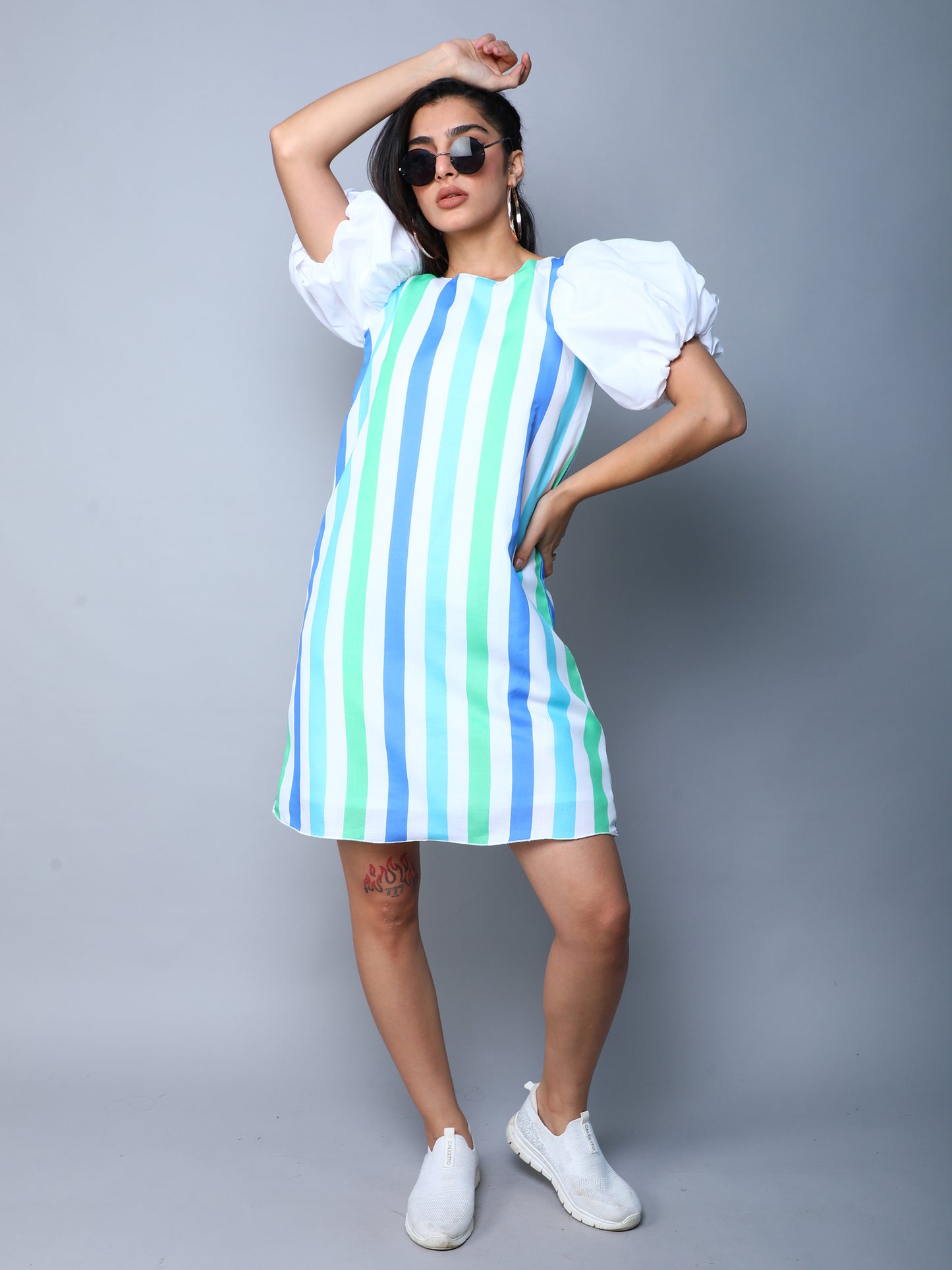 Striped Puff Sleeves Shift Dress -Blue