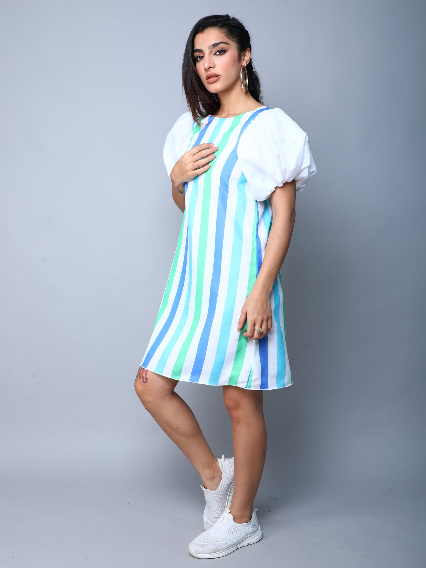 Striped Puff Sleeves Shift Dress -Blue