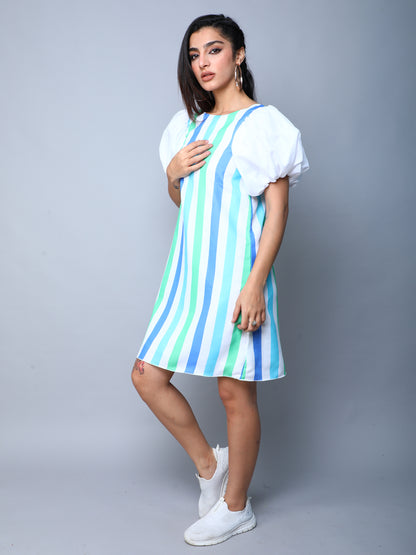 Striped Puff Sleeves Shift Dress -Blue