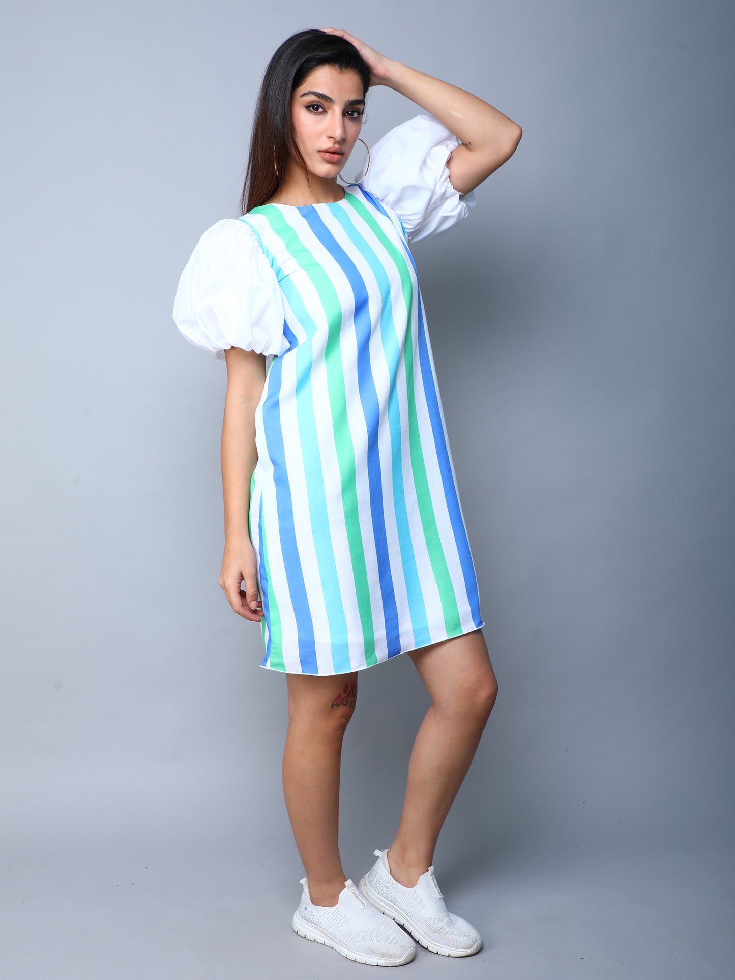 Striped Puff Sleeves Shift Dress -Blue
