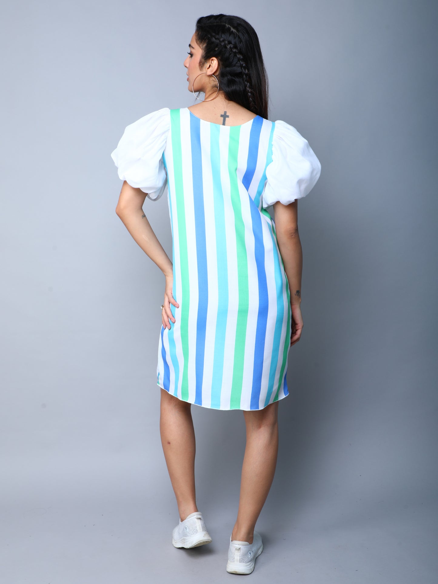 Striped Puff Sleeves Shift Dress -Blue
