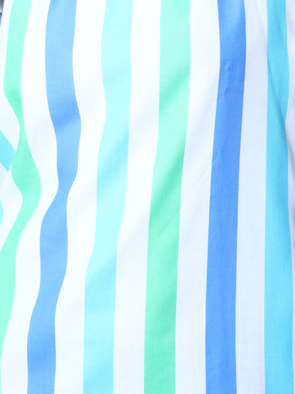 Striped Puff Sleeves Shift Dress -Blue