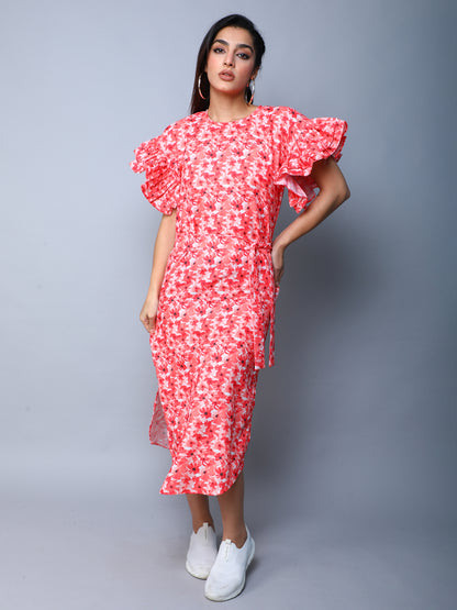 Double-Layered Pleated Ruffle Sleeve Floral  Dress-Orange