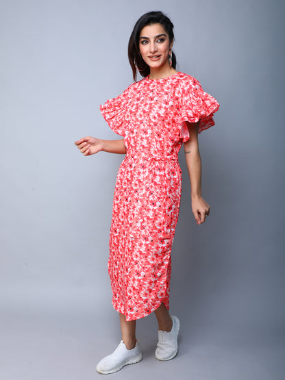 Double-Layered Pleated Ruffle Sleeve Floral  Dress-Orange