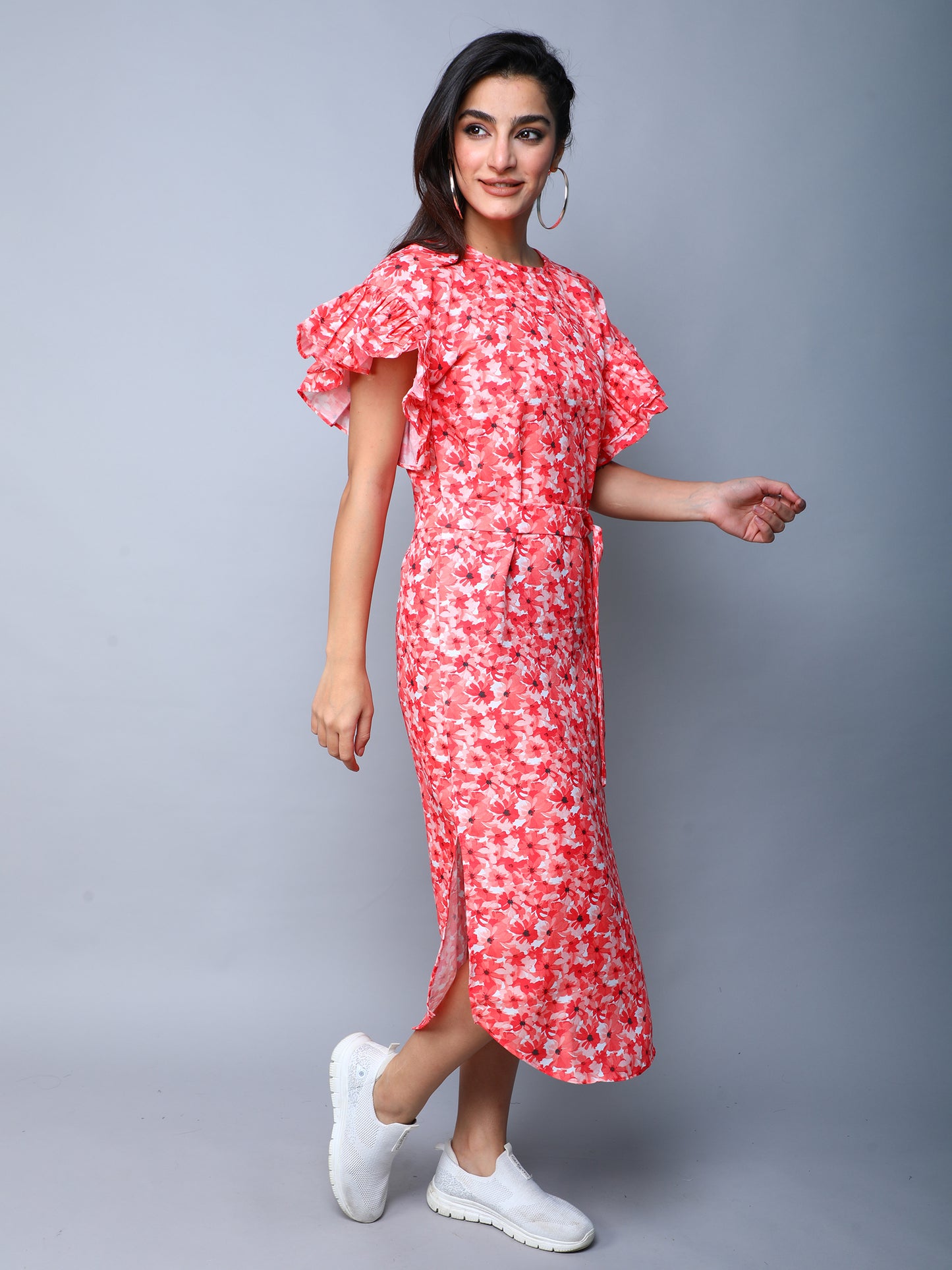 Double-Layered Pleated Ruffle Sleeve Floral  Dress-Orange