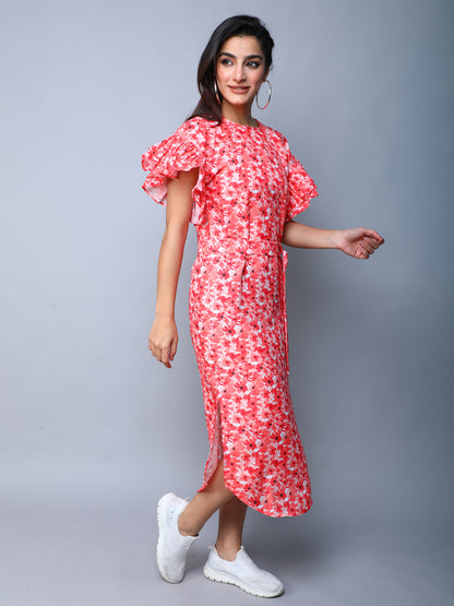 Double-Layered Pleated Ruffle Sleeve Floral  Dress-Orange