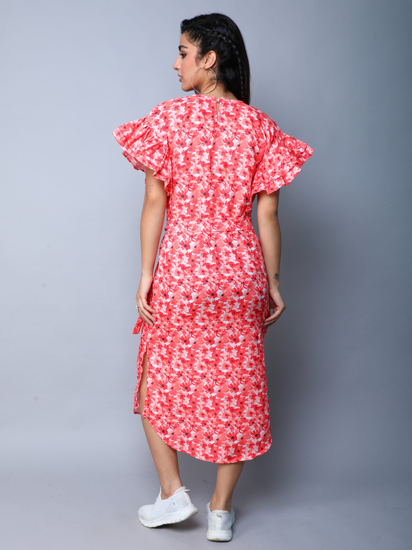 Double-Layered Pleated Ruffle Sleeve Floral  Dress-Orange
