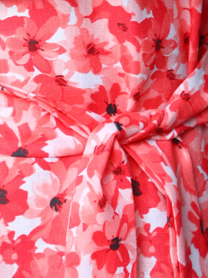 Double-Layered Pleated Ruffle Sleeve Floral  Dress-Orange