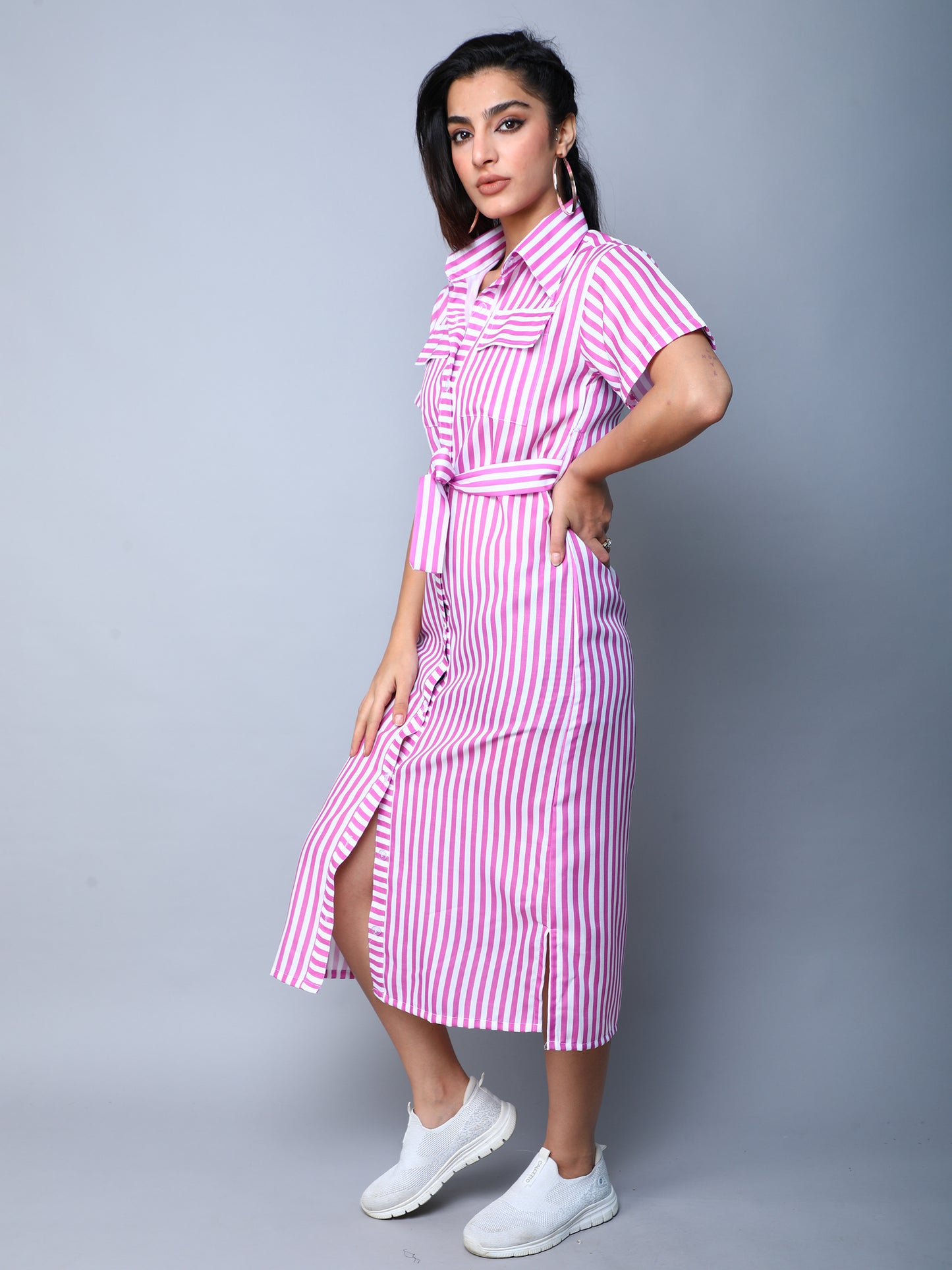 Sway In Stripes Midi  Shirt Dress - Purple