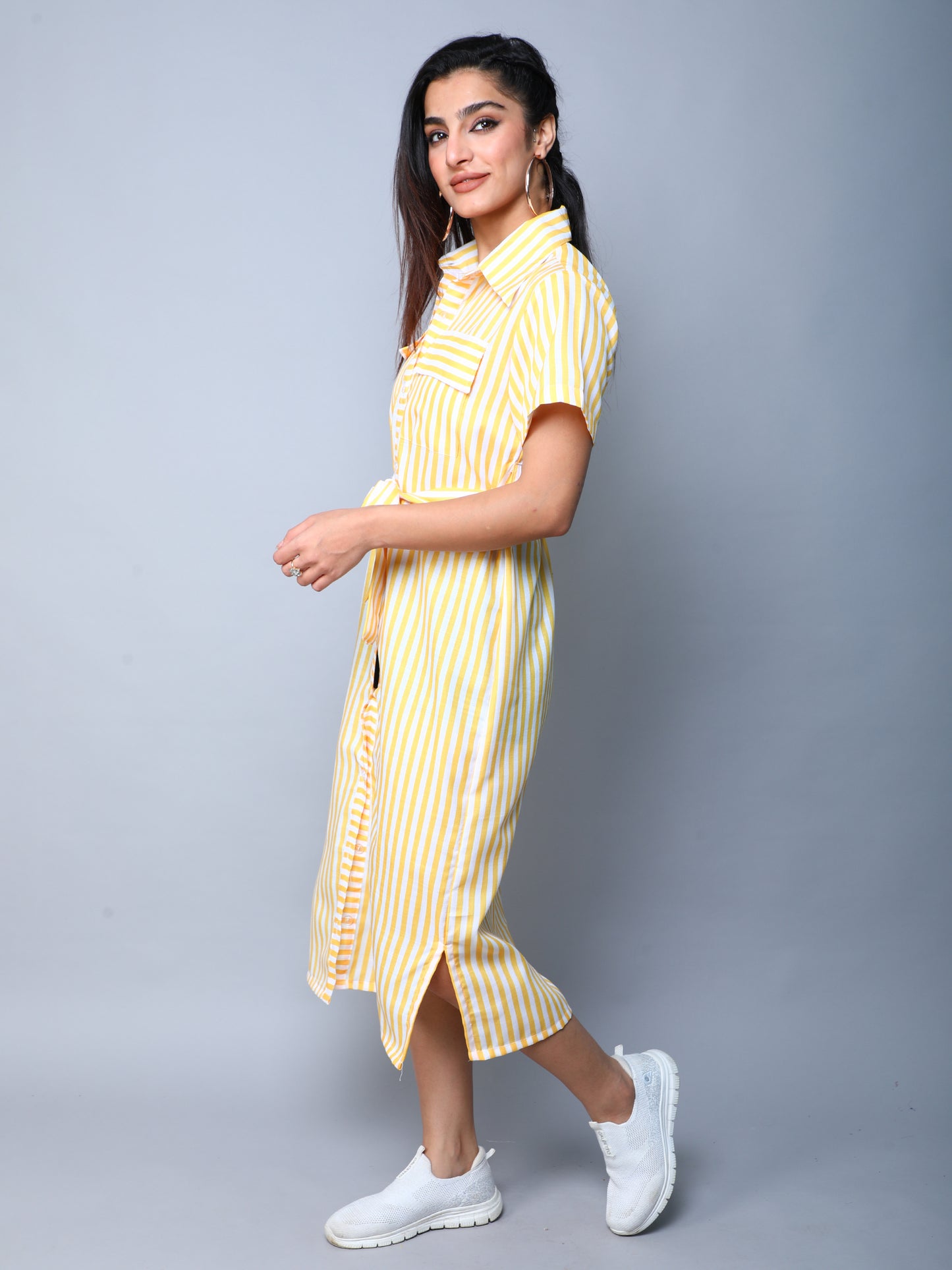 Sway In Stripes Midi  Shirt Dress - Yellow