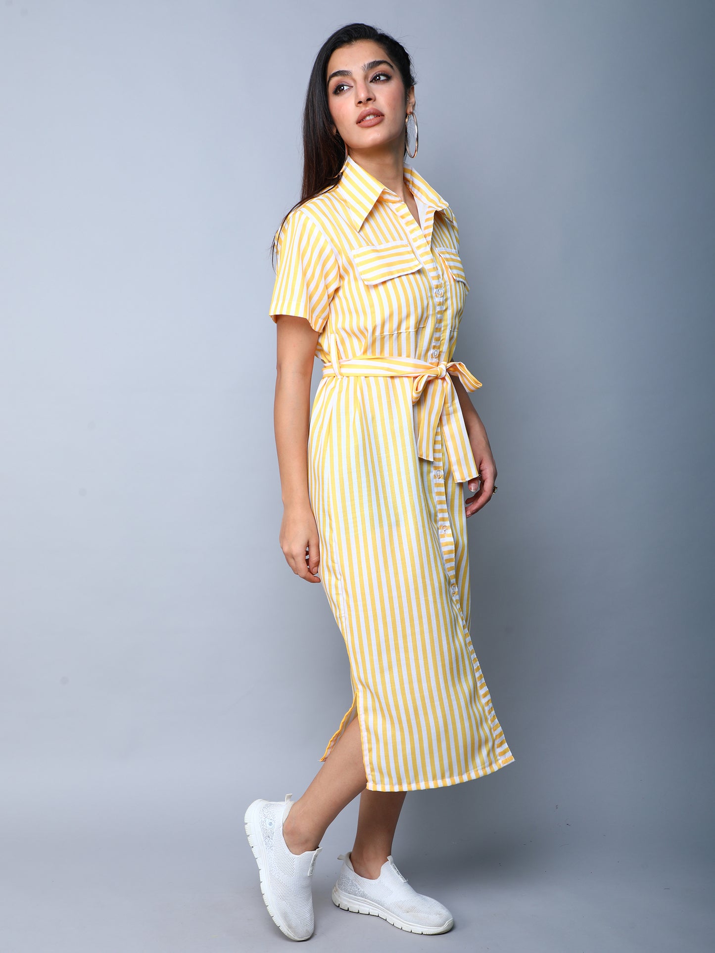 Sway In Stripes Midi  Shirt Dress - Yellow