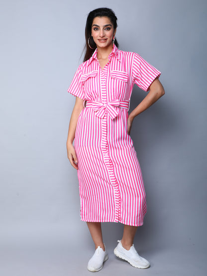 Sway In Stripes Midi  Shirt Dress - Pink