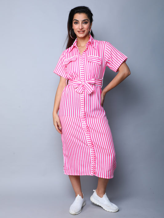 Sway In Stripes Midi  Shirt Dress - Pink
