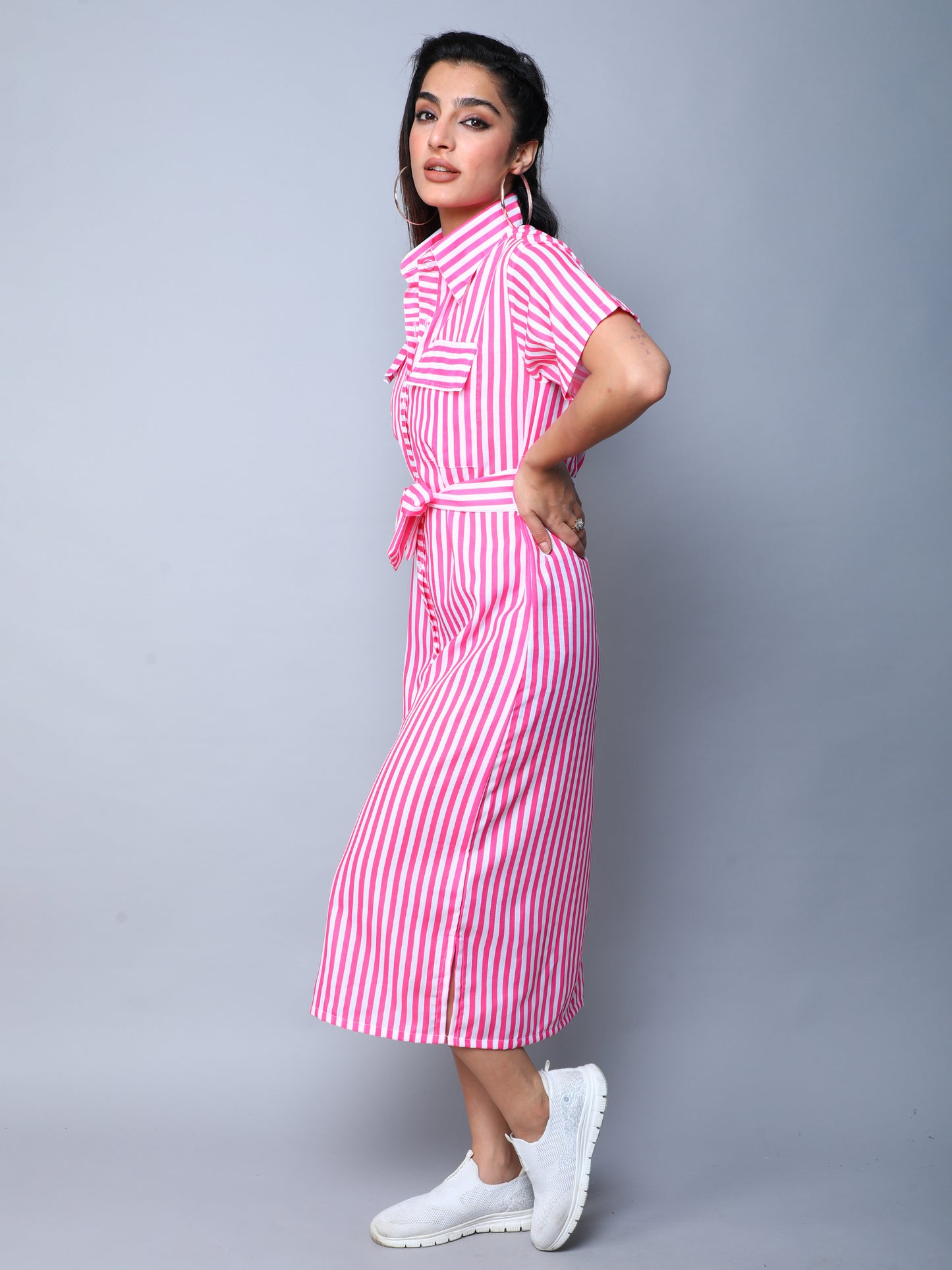 Sway In Stripes Midi  Shirt Dress - Pink