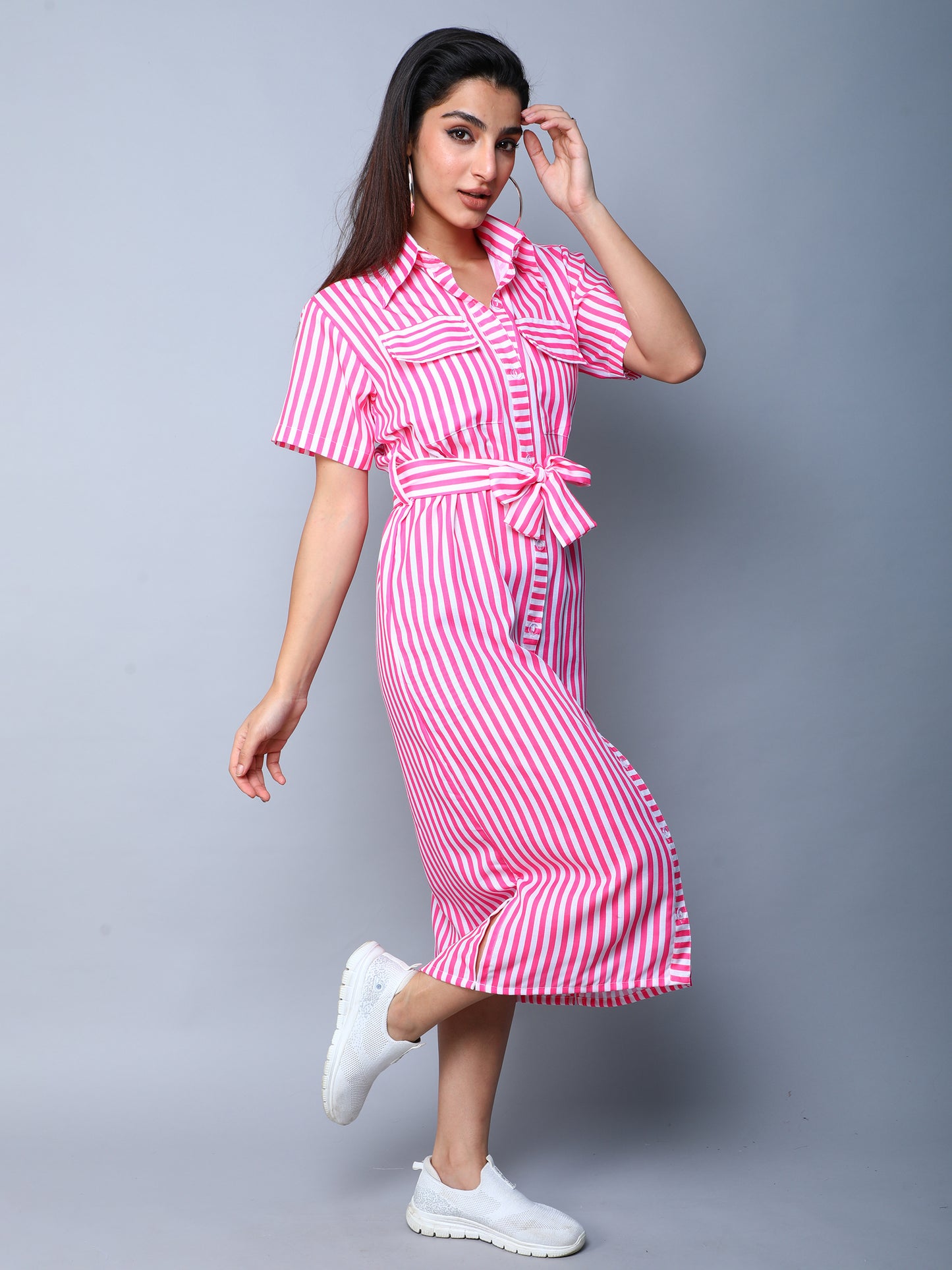 Sway In Stripes Midi  Shirt Dress - Pink