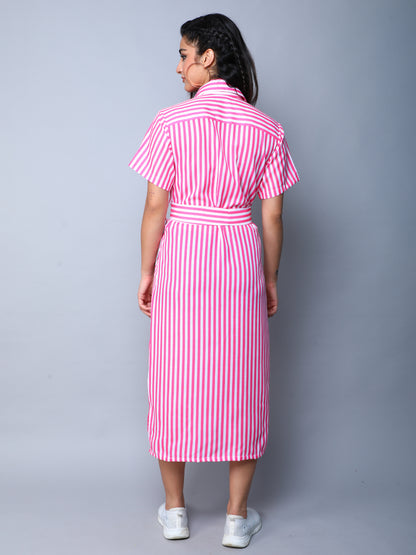 Sway In Stripes Midi  Shirt Dress - Pink