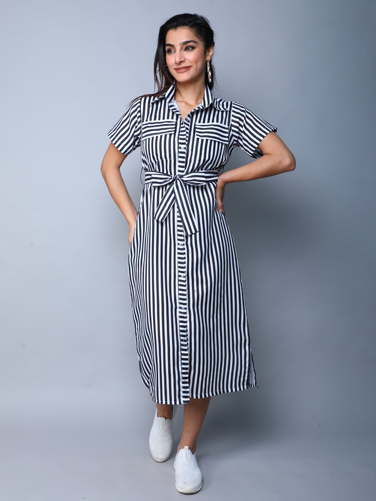 Sway In Stripes Midi  Shirt Dress -Black